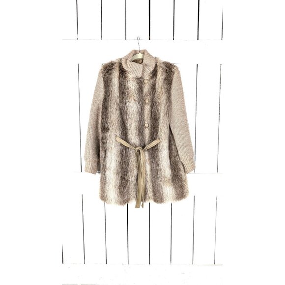 Vintage striped faux fur knit sleeve chunky winter sweater coat